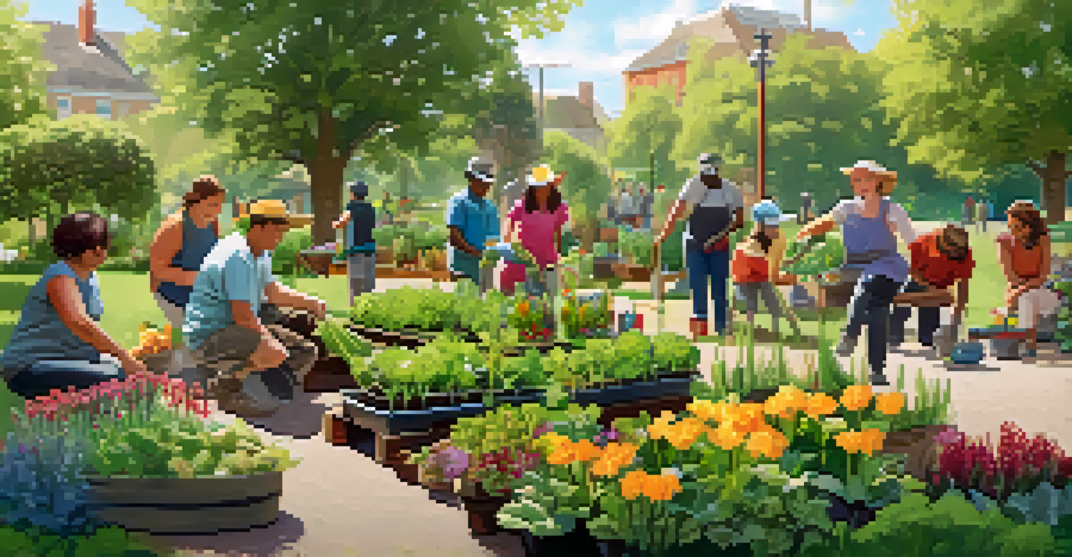 People gardening in a sunny park, planting flowers and vegetables, surrounded by greenery.