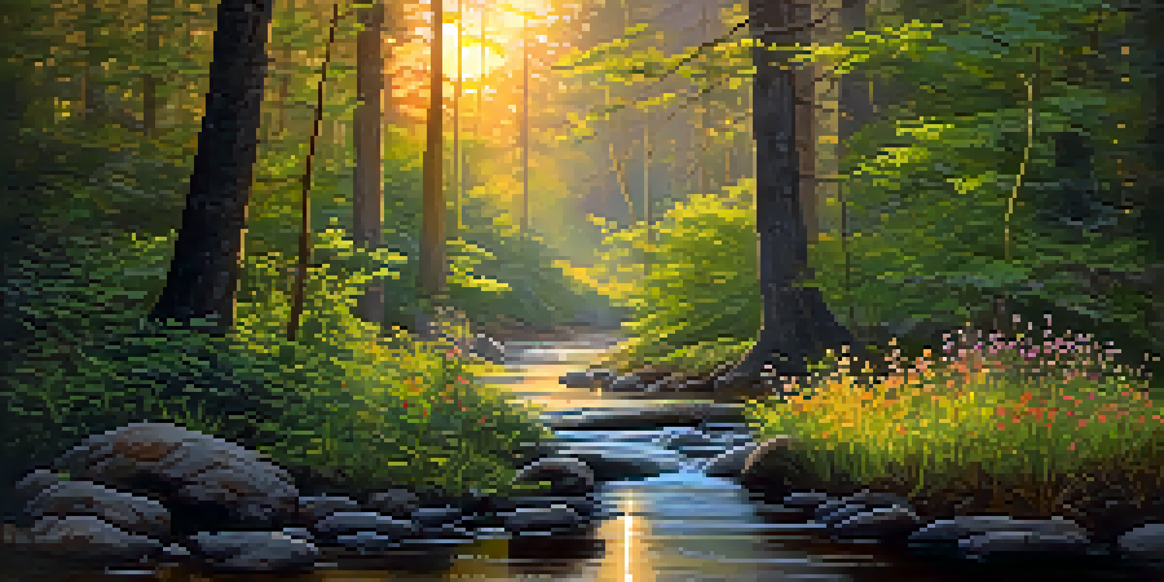 A peaceful forest at dawn with sunlight filtering through leaves and a stream reflecting the sunrise.