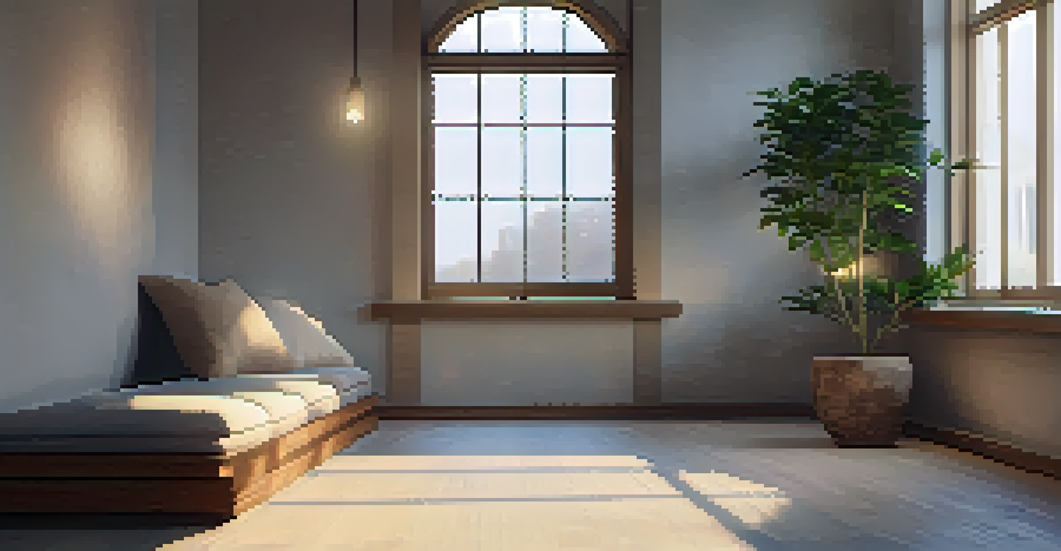 A calm meditation space with soft cushions and a flickering candle, bathed in natural light.