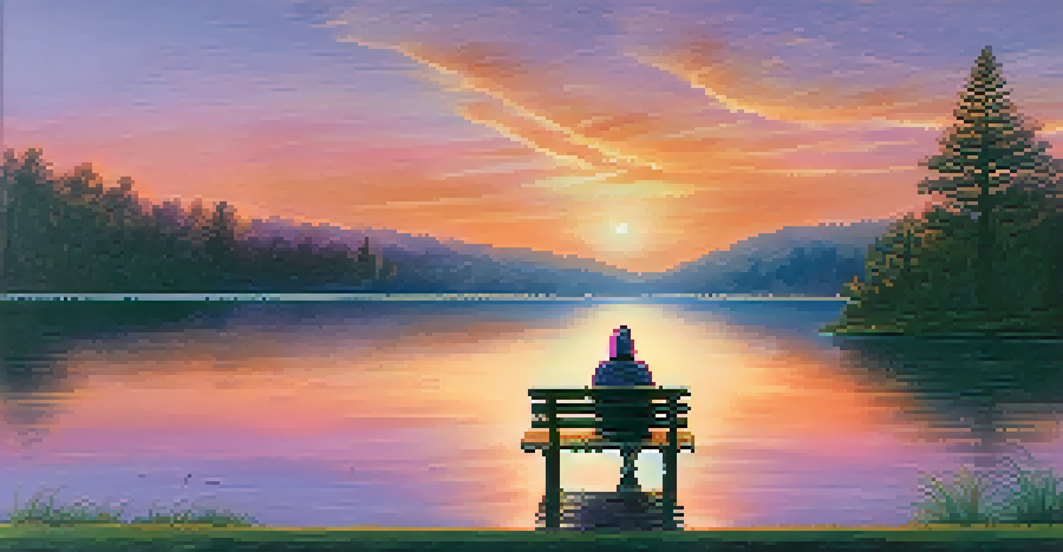 A volunteer contemplating by a calm lake at sunset, holding a book on spirituality.