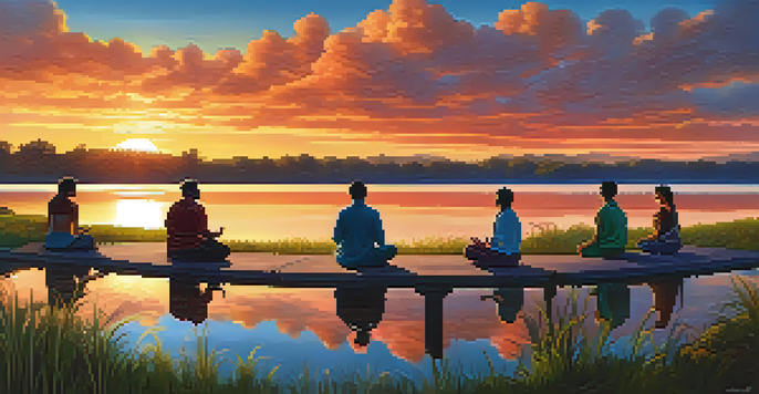 A diverse group of people meditating in a circle by a tranquil lake at sunset, surrounded by lush trees, symbolizing unity and interconnectedness in nature.