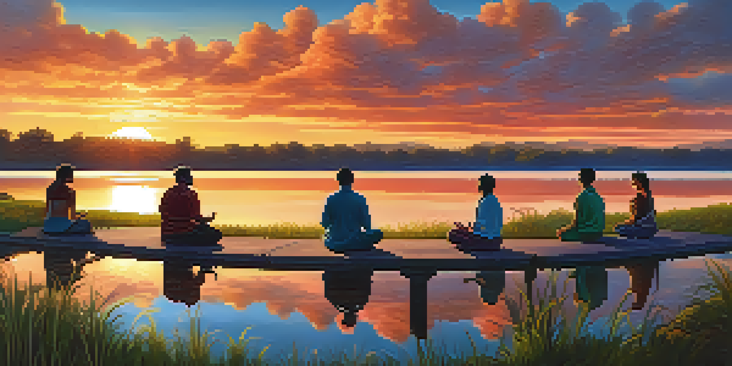 A diverse group of people meditating in a circle by a tranquil lake at sunset, surrounded by lush trees, symbolizing unity and interconnectedness in nature.