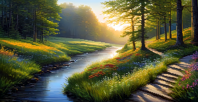 A tranquil forest scene at dawn with sunlight filtering through the trees and a winding path surrounded by vibrant flowers.