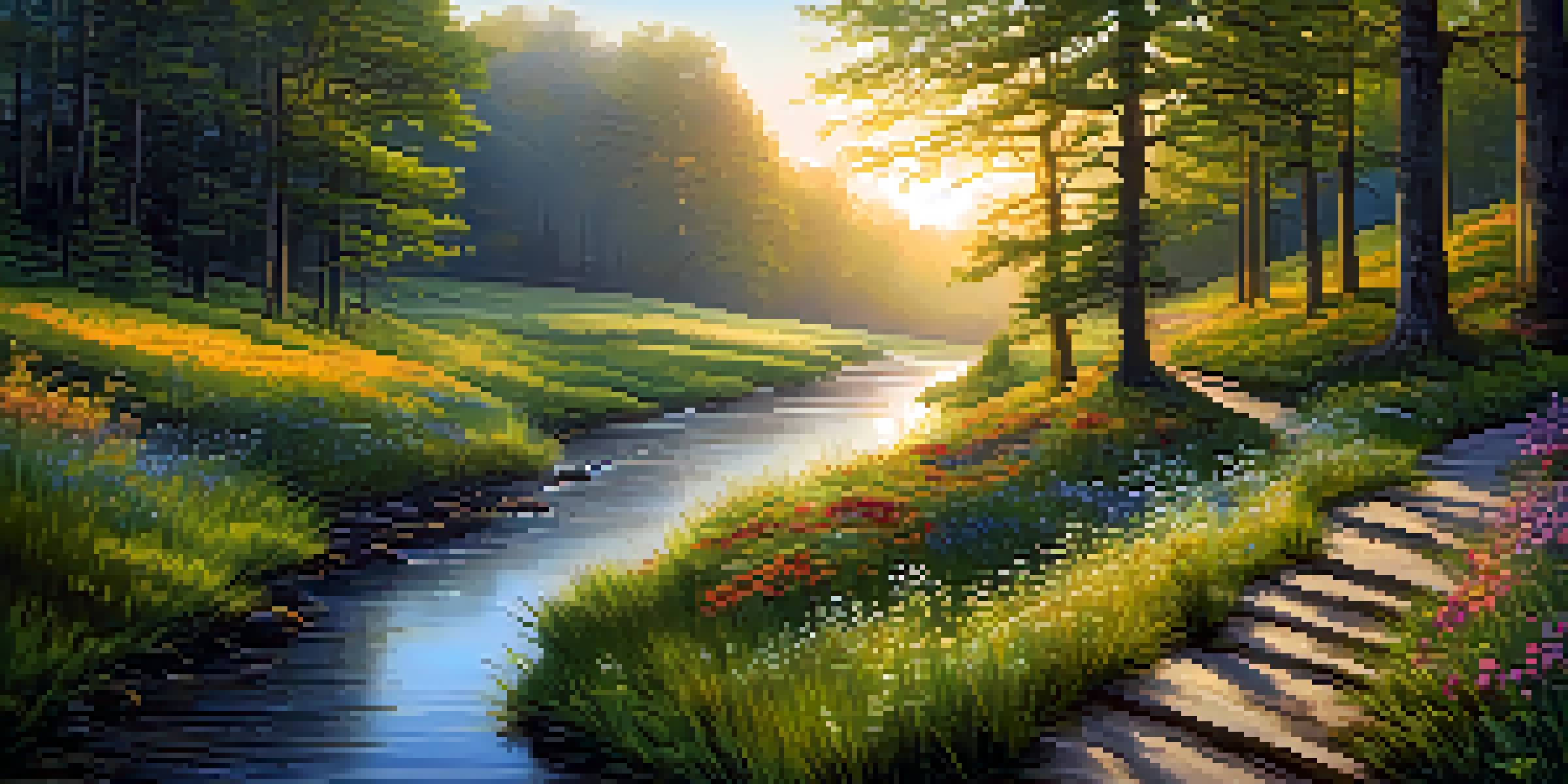 A tranquil forest scene at dawn with sunlight filtering through the trees and a winding path surrounded by vibrant flowers.