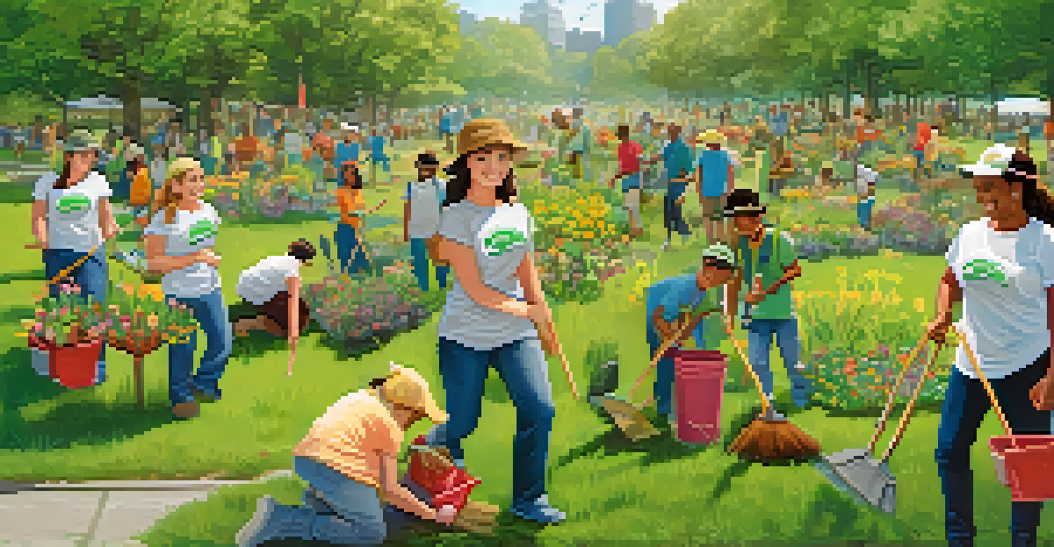 A group of friends participating in a community clean-up event in a park, smiling and working together.