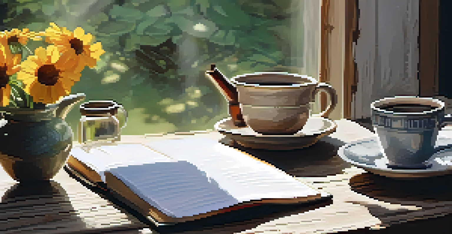 A cozy journaling setup featuring an open journal, a pen, tea, and flowers, inspiring reflection and mindfulness.