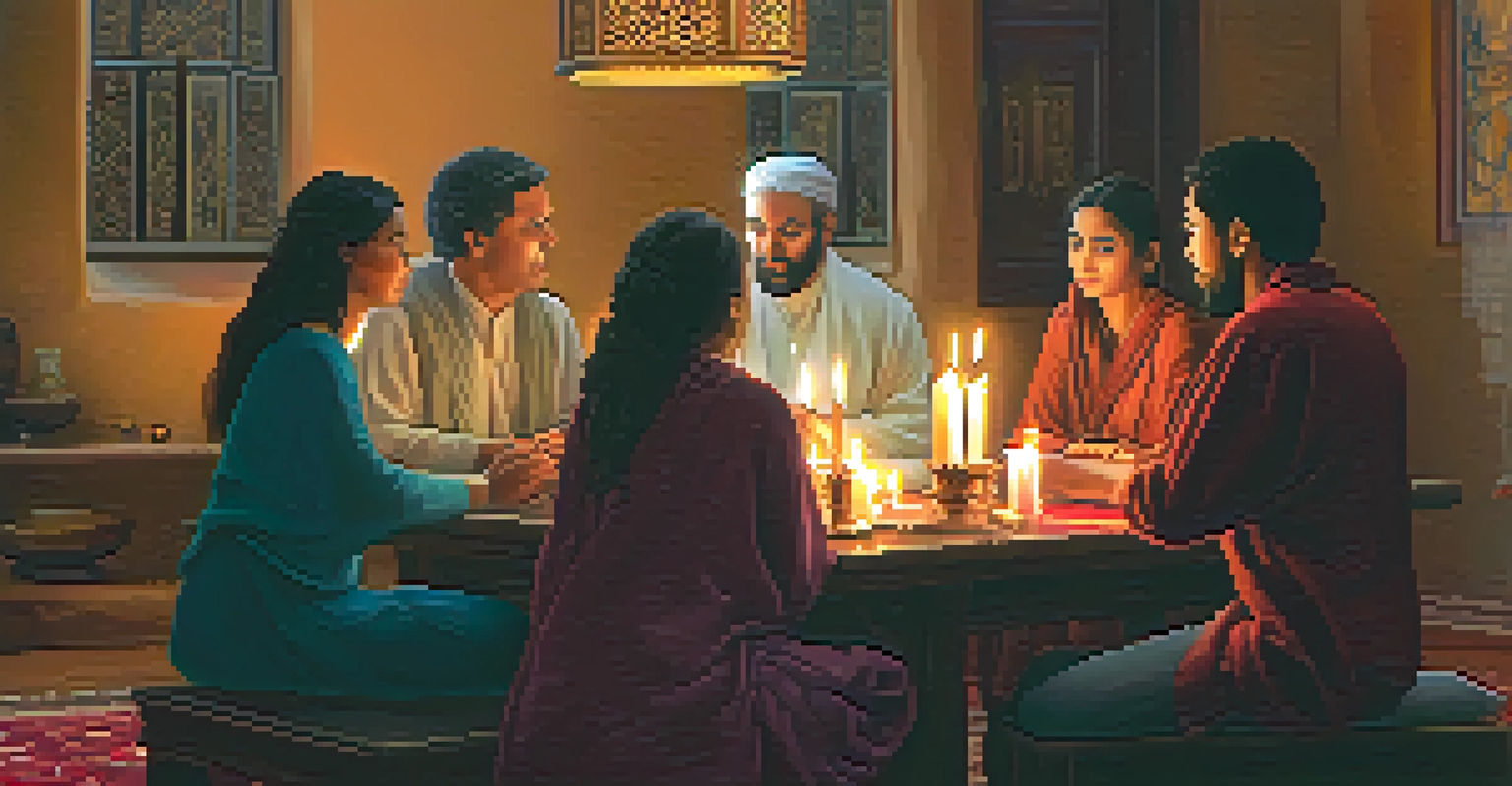 A cozy indoor room with people from different faiths sharing stories around a table with candles and symbolic religious items.