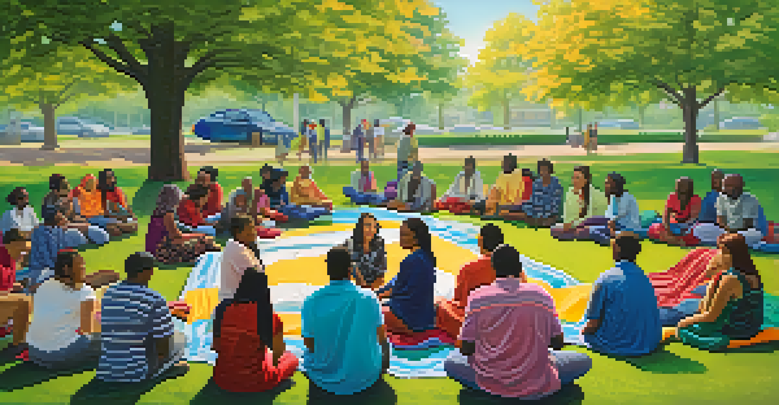 A diverse group of people sitting in a circle in a park, actively listening and sharing experiences with each other.