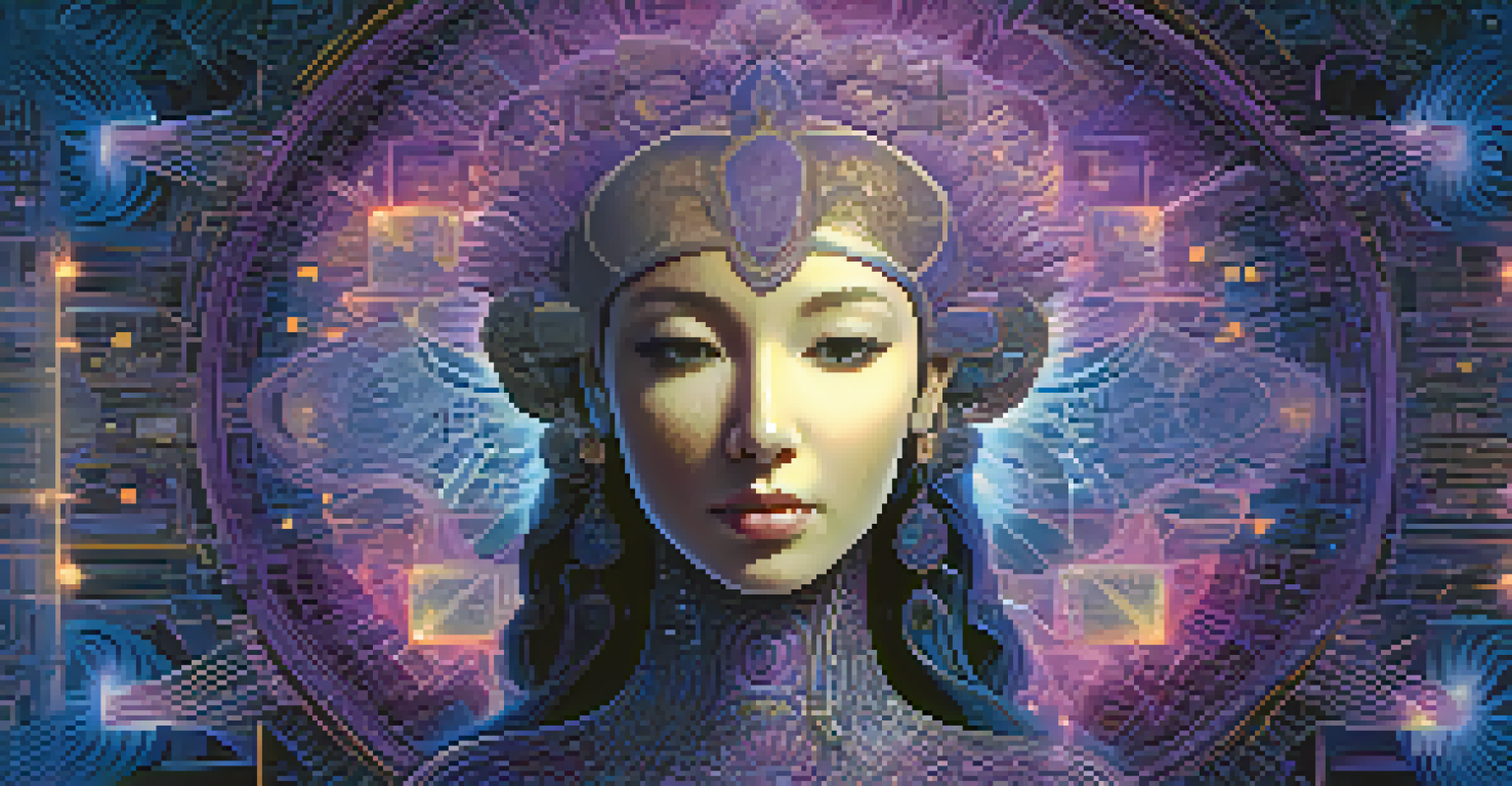 An abstract digital brain intertwined with spiritual symbols against a deep blue and purple background.