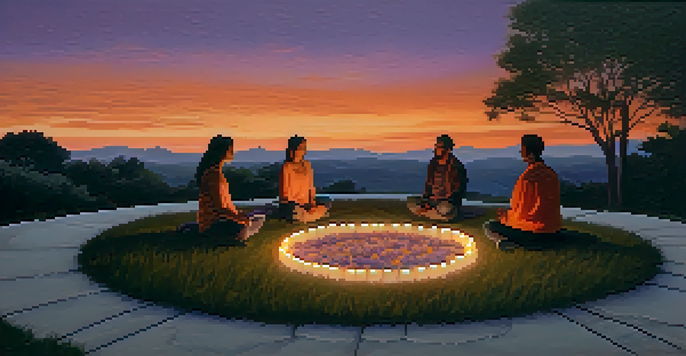 A peaceful outdoor prayer circle at sunset, with people meditating and candles creating a serene ambiance.