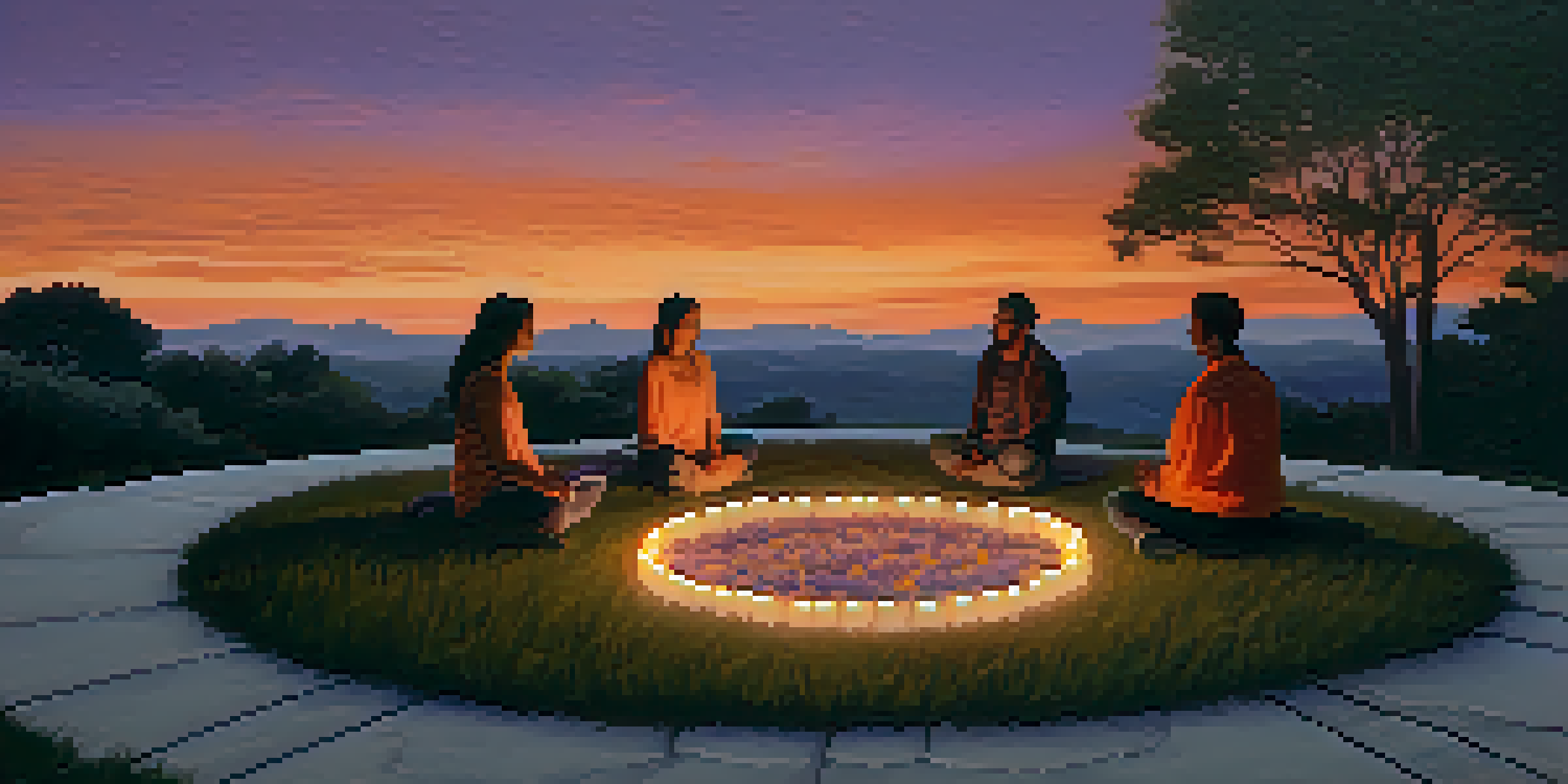 A peaceful outdoor prayer circle at sunset, with people meditating and candles creating a serene ambiance.