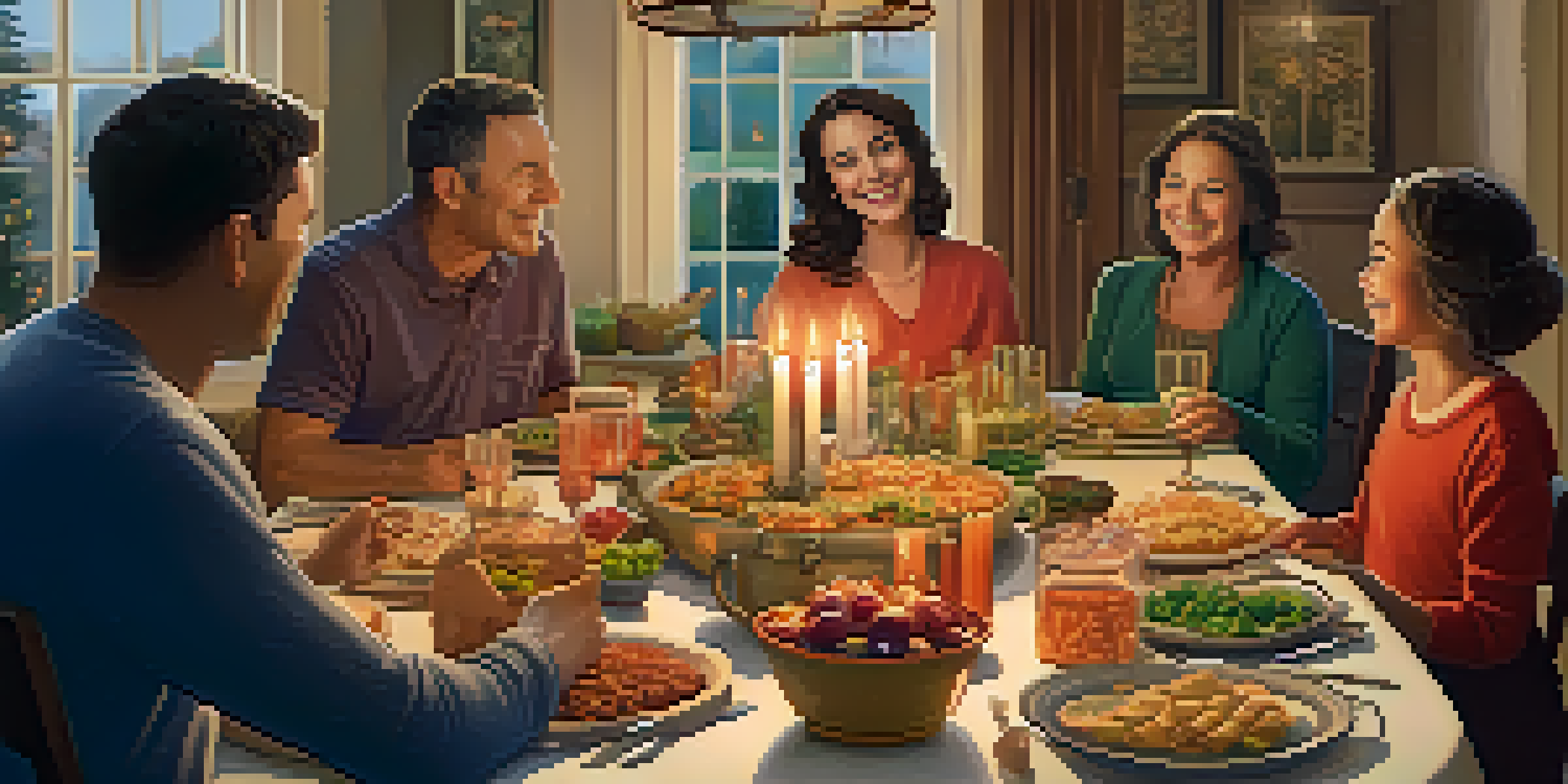 A family enjoying a meal together at a dinner table, with candles and a variety of food, creating a warm and inviting environment.