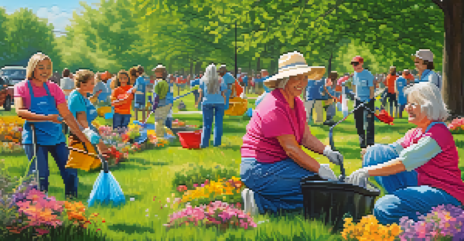 A diverse group of volunteers cleaning a park together, planting flowers, and smiling under a sunny sky.