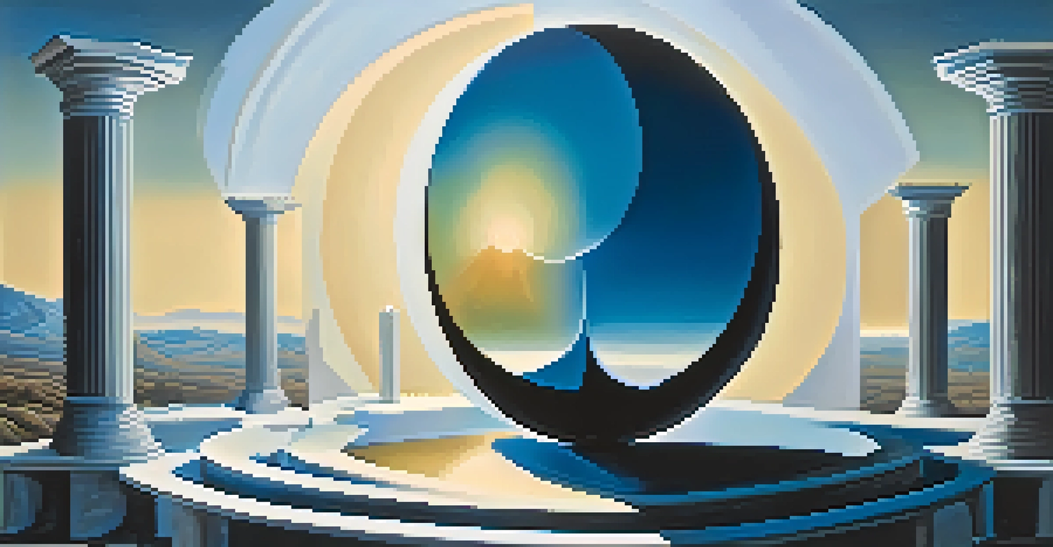 An artistic depiction of Plato's Realm of Forms with glowing shapes above a shadowy landscape.