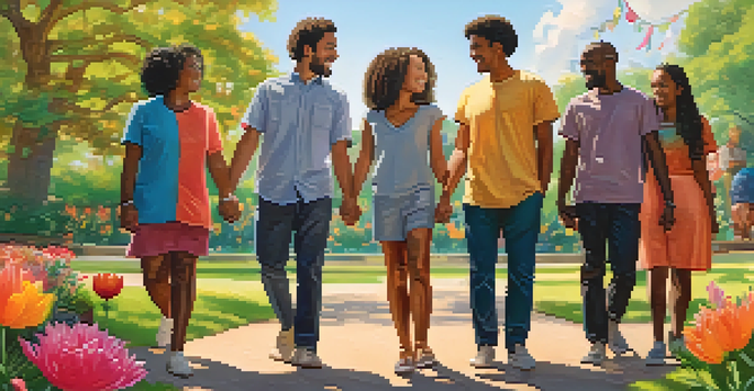 A diverse group of people from different cultures holding hands in a sunny park, surrounded by colorful flowers and a globe in the background.