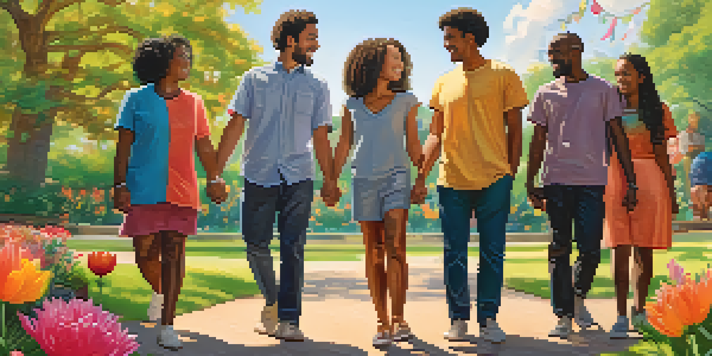 A diverse group of people from different cultures holding hands in a sunny park, surrounded by colorful flowers and a globe in the background.