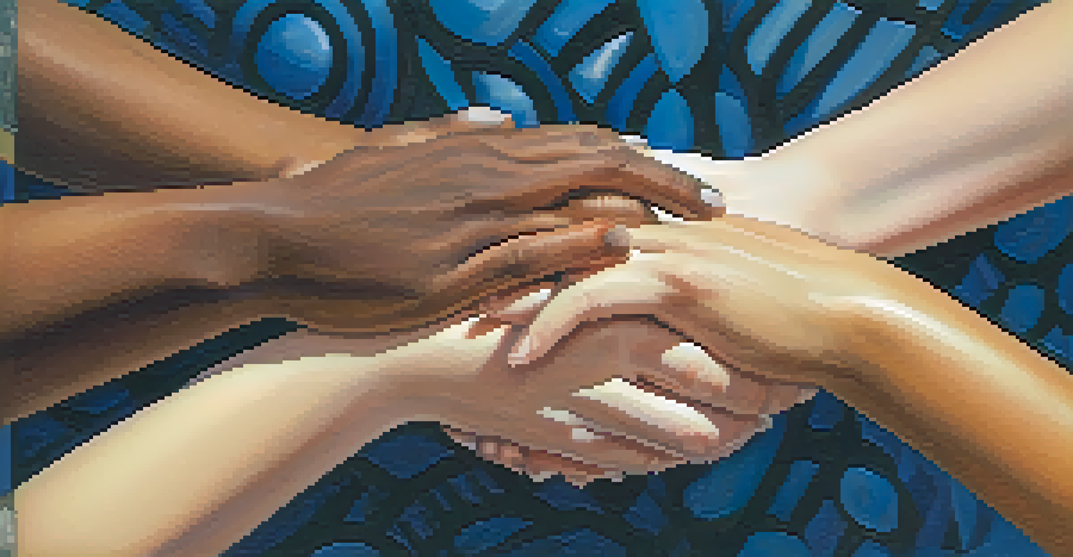 Close-up of diverse hands joined together in a prayer circle, symbolizing unity and support in a spiritual context.