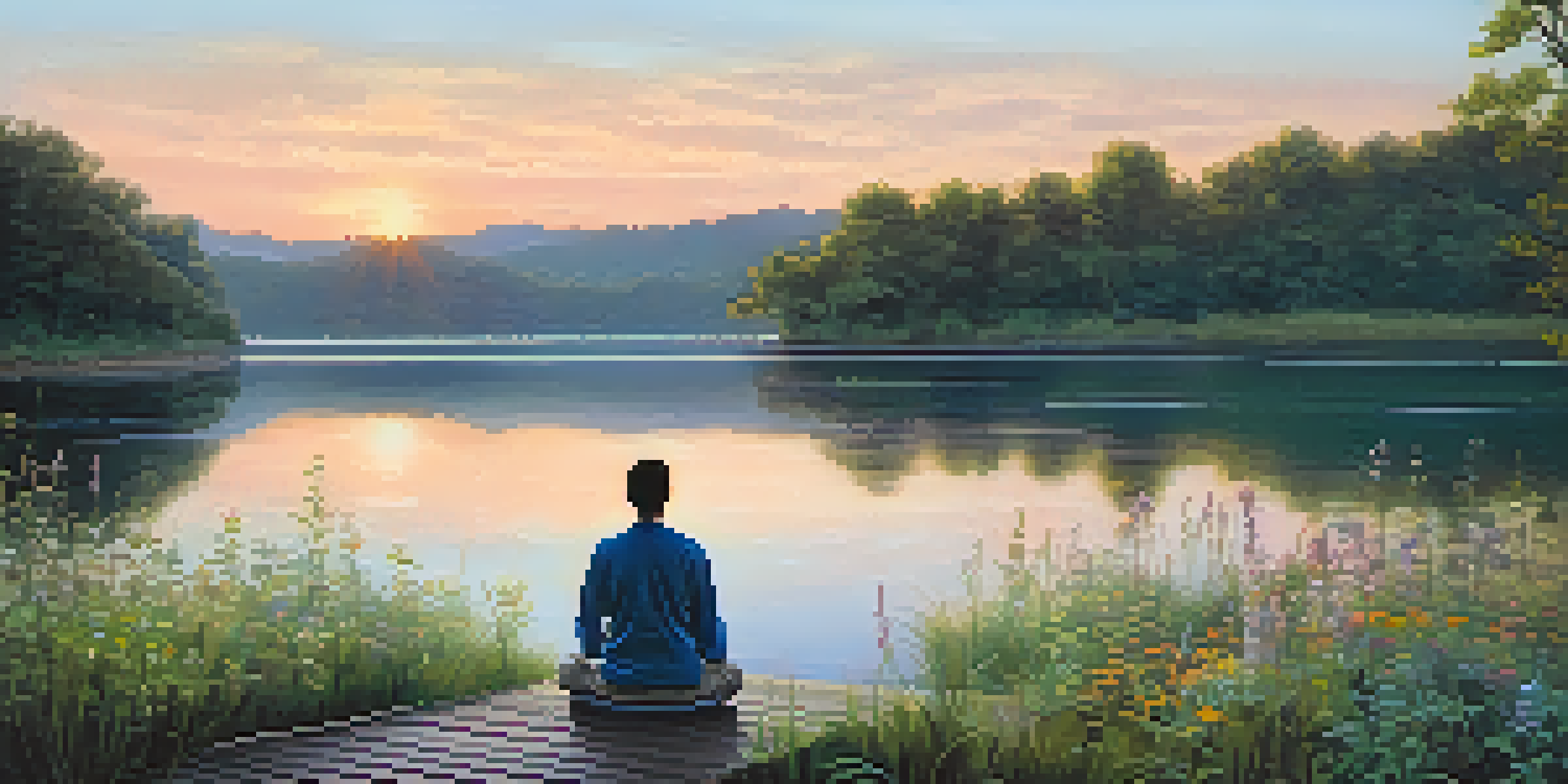 A person meditating on a dock at sunrise, surrounded by a calm lake and lush greenery.