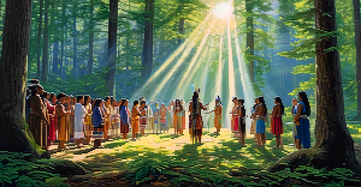 A peaceful forest setting with individuals in traditional attire engaged in a Native American spiritual ceremony.
