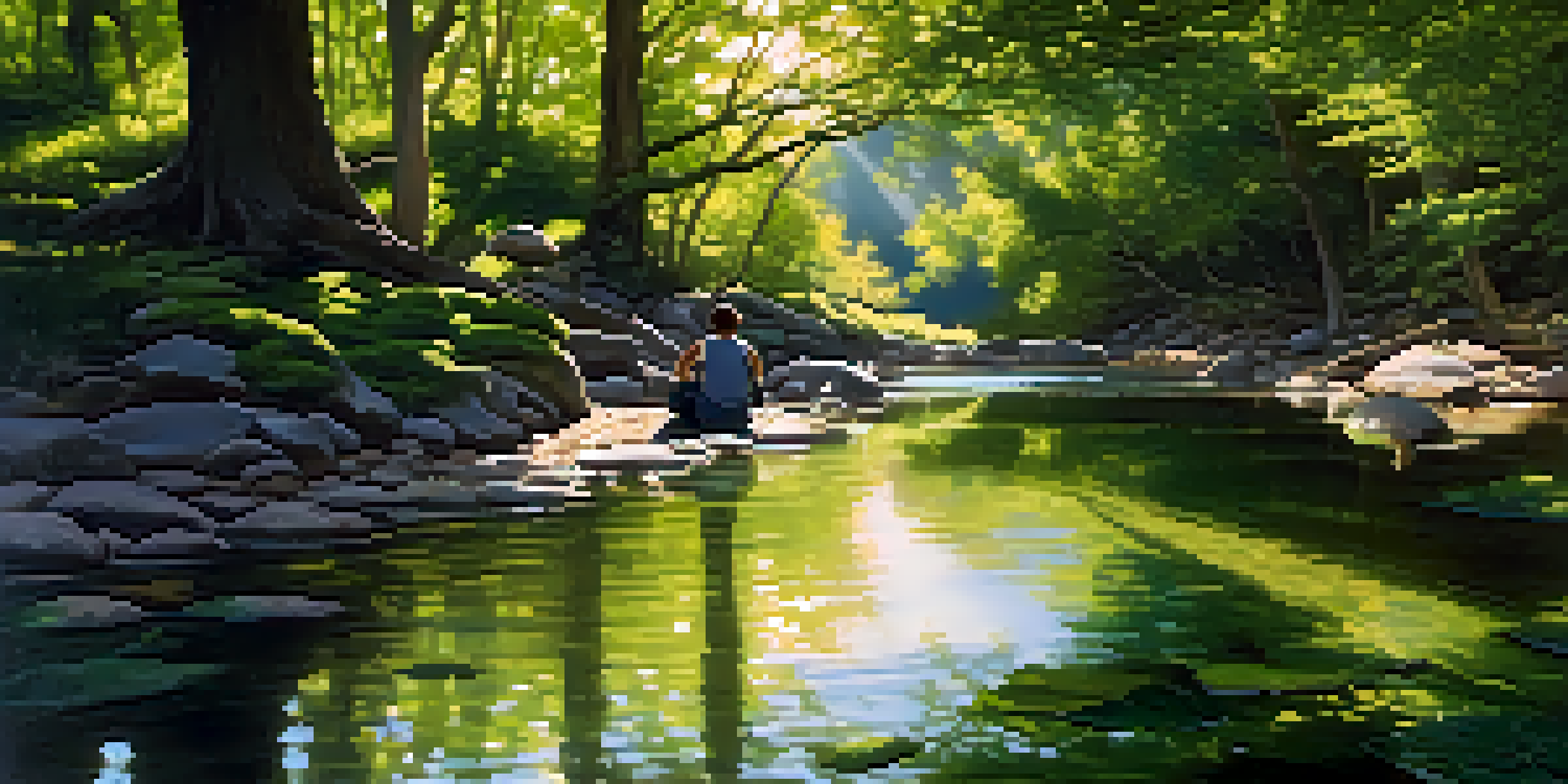 A person sitting by a stream, surrounded by greenery, practicing mindfulness.