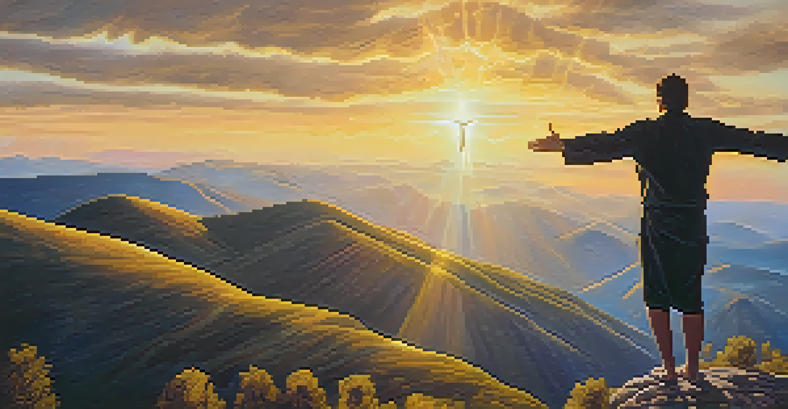 A person on a mountaintop with arms outstretched, silhouetted by a sunset, representing empowerment and connection.