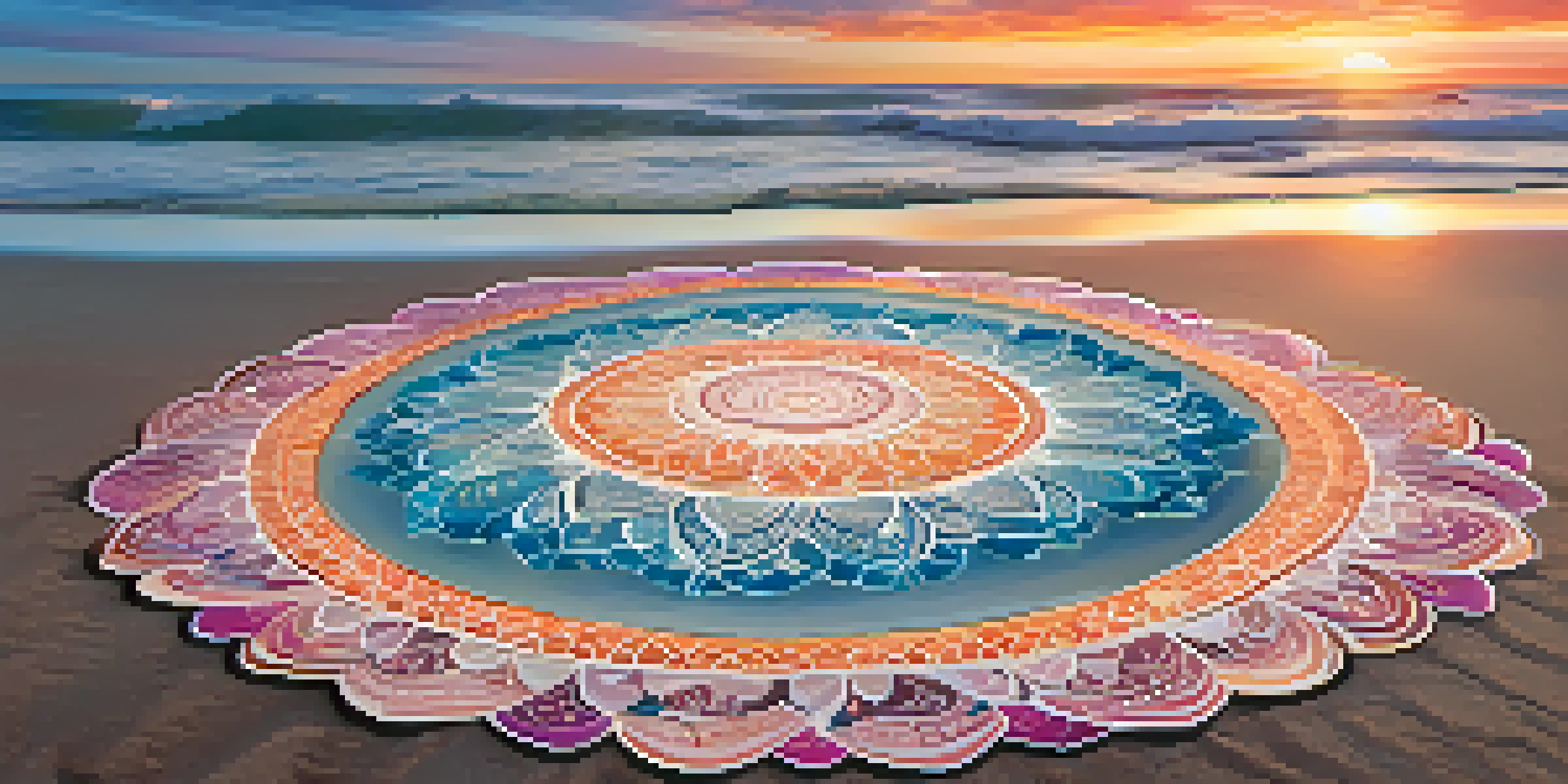 A beach at sunset with a large mandala drawn in the sand, surrounded by shells and pebbles, under a colorful sky.
