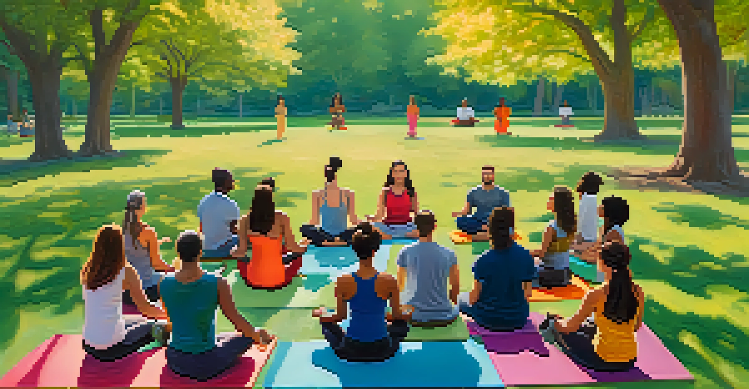 A diverse group of people participating in a mindfulness meditation workshop in a park, sitting in a circle on colorful yoga mats.