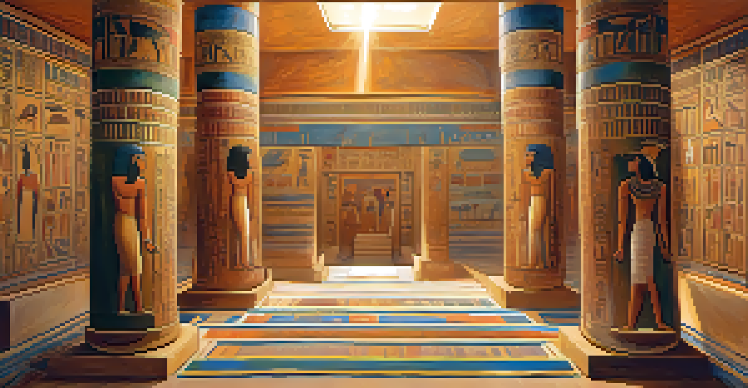 An ornate tomb interior filled with hieroglyphics and murals, representing the journey of the soul in ancient Egyptian beliefs.