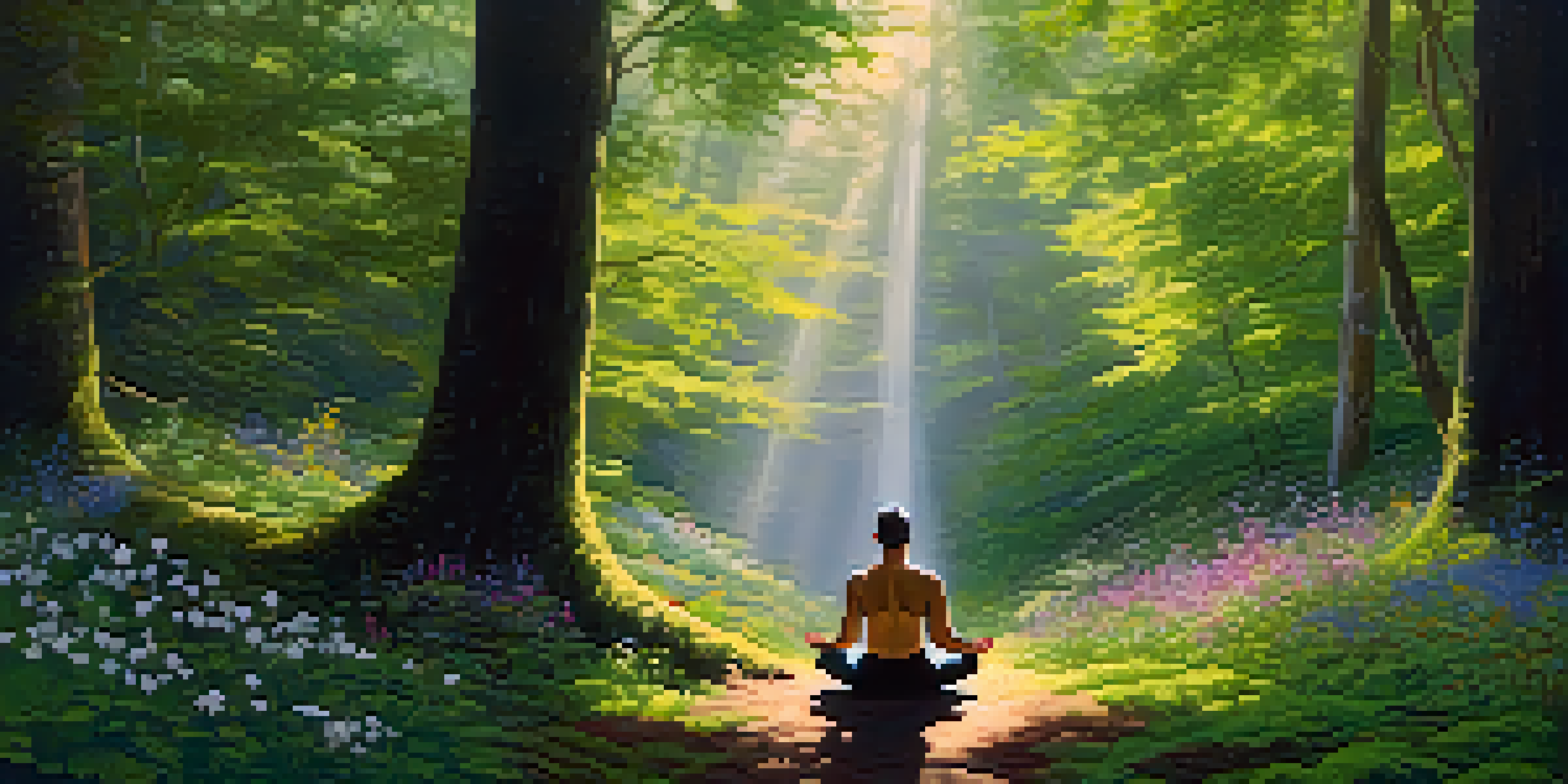 A person meditating in a peaceful forest, surrounded by greenery and sunlight filtering through the leaves.