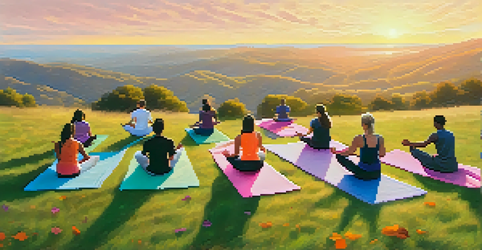 A group of diverse students practicing yoga on a hillside at sunrise, surrounded by soft golden light and colorful mats.