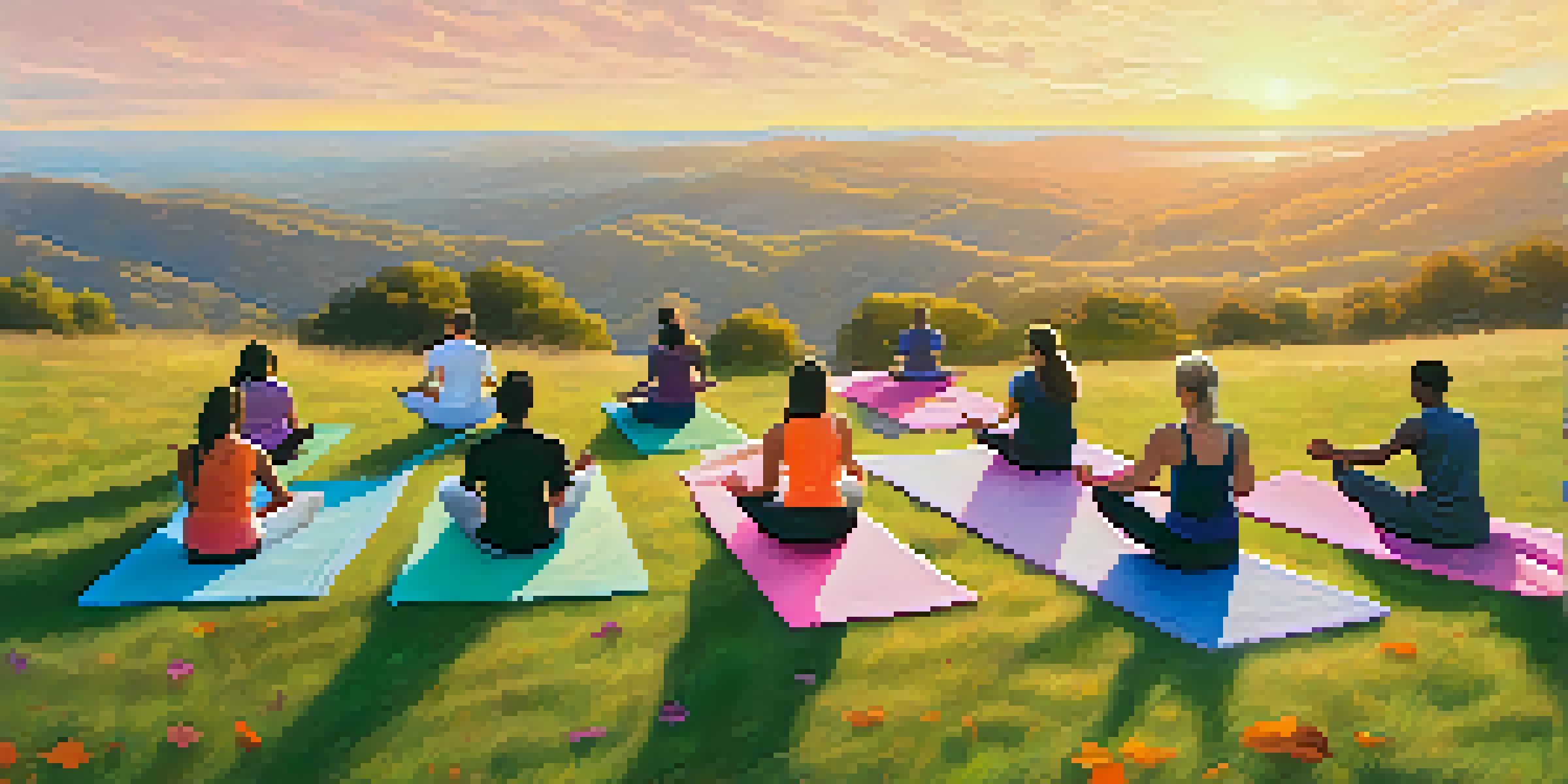 A group of diverse students practicing yoga on a hillside at sunrise, surrounded by soft golden light and colorful mats.