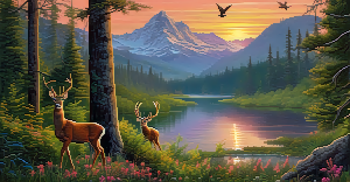 A tranquil landscape showing a flowing river in a lush forest with various animals, mountains in the background, and a colorful sunset.