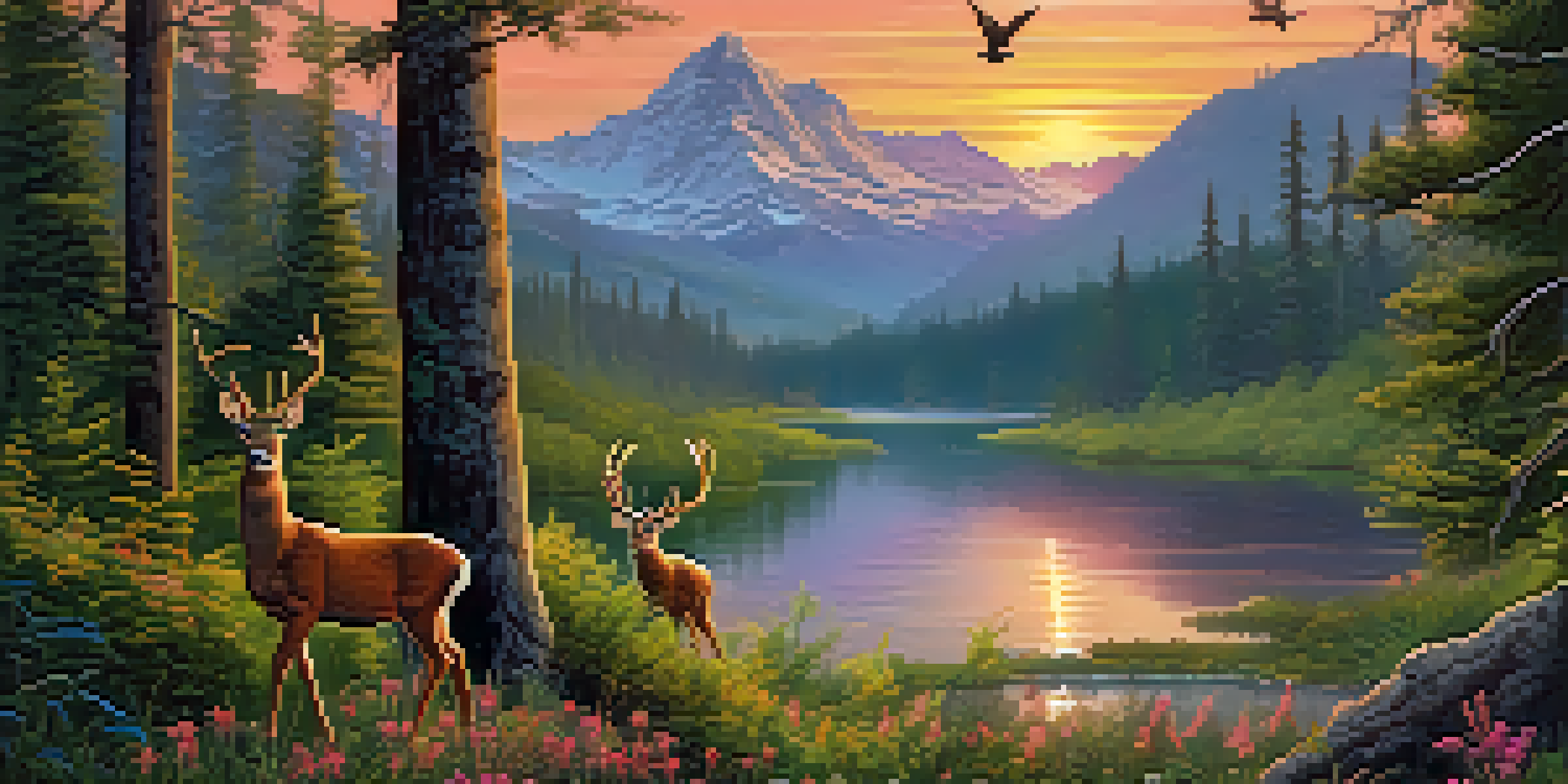 A tranquil landscape showing a flowing river in a lush forest with various animals, mountains in the background, and a colorful sunset.