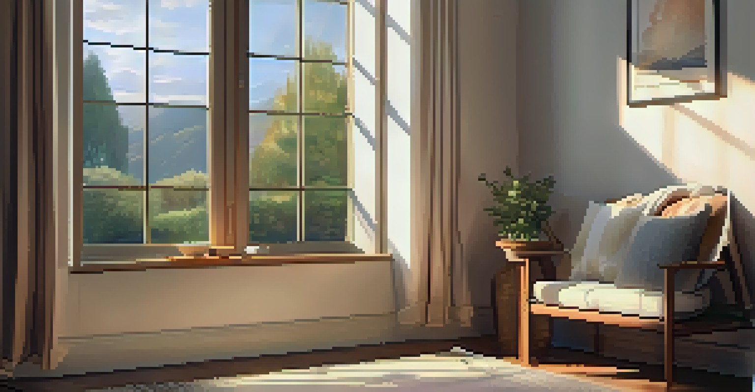 A peaceful meditation space with a cushion and journal by a window overlooking a garden.
