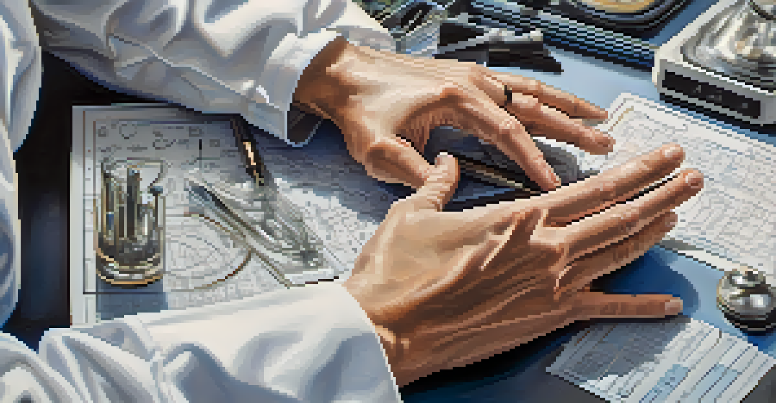 Close-up of a scientist's hands in a meditative pose against a blurred backdrop of laboratory equipment.