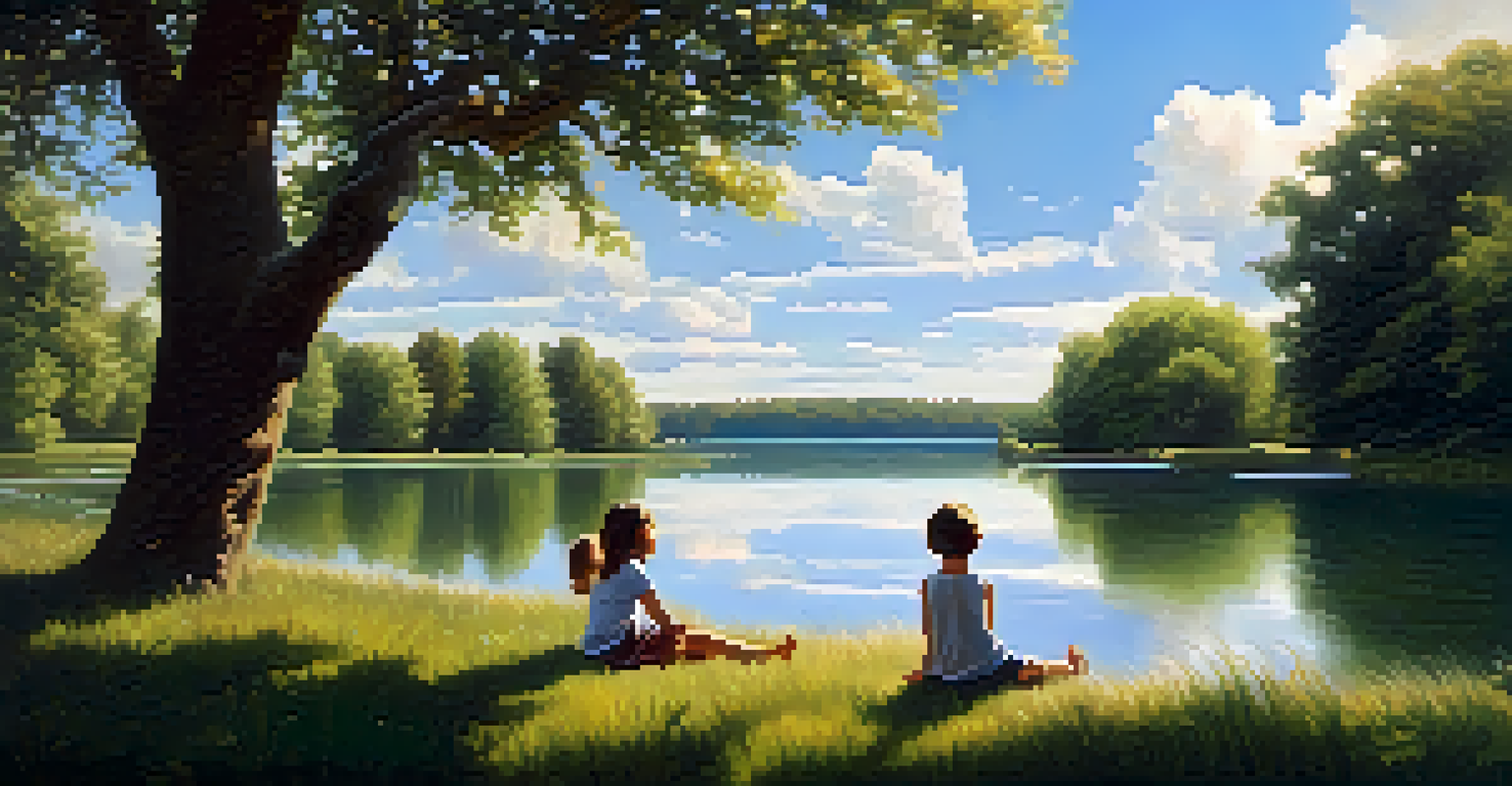 A peaceful nature scene with a person lying on the grass and children skipping stones by a lake under a sunny sky.
