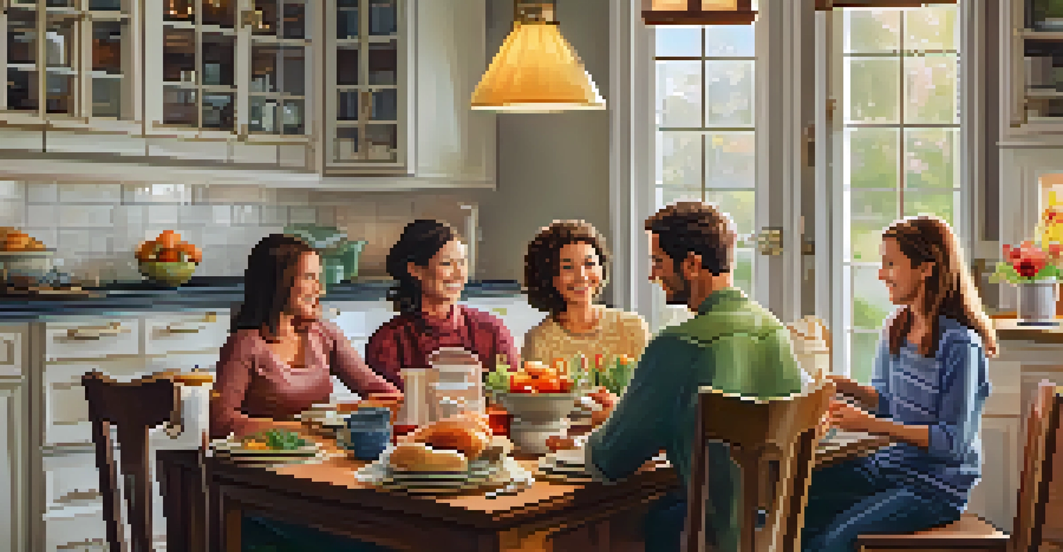 A family gathered around a table in a cozy kitchen, sharing smiles and expressing gratitude over a meal.