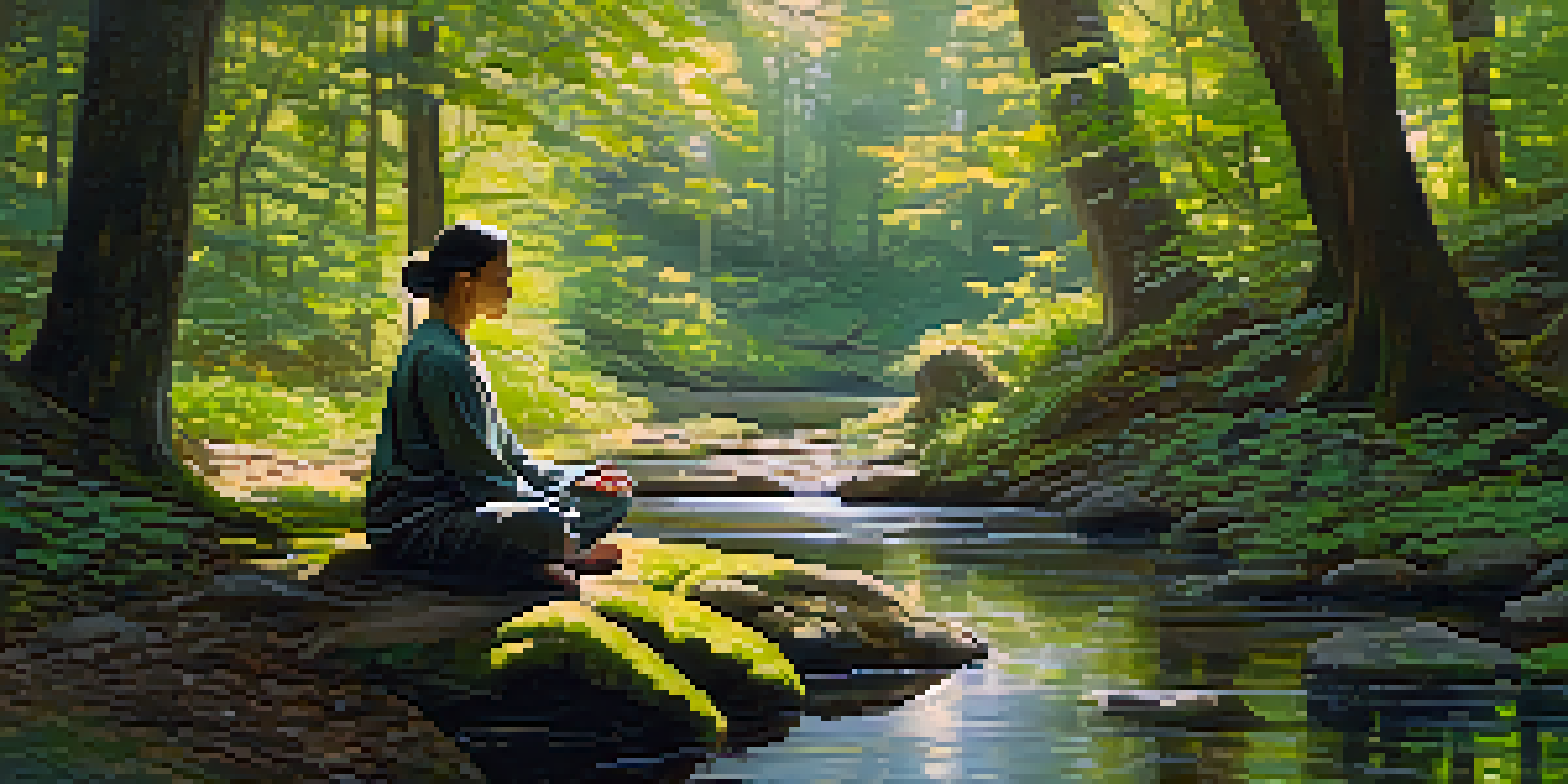 A person meditating in a peaceful forest, surrounded by greenery and sunlight filtering through the trees.