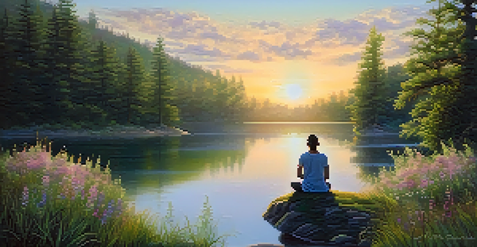 A person meditating on a rock by a tranquil lake at sunrise, surrounded by greenery and wildflowers.