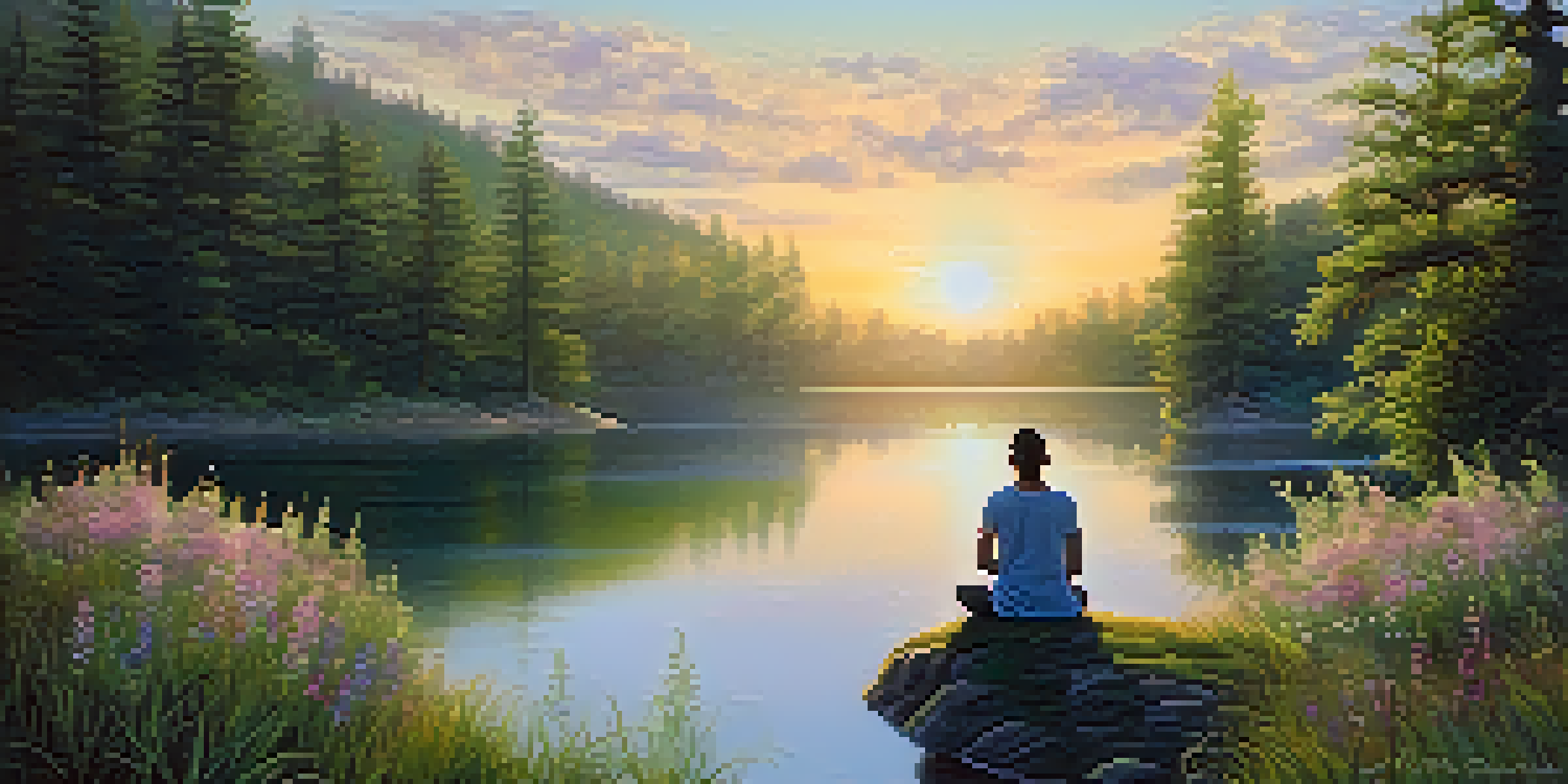 A person meditating on a rock by a tranquil lake at sunrise, surrounded by greenery and wildflowers.