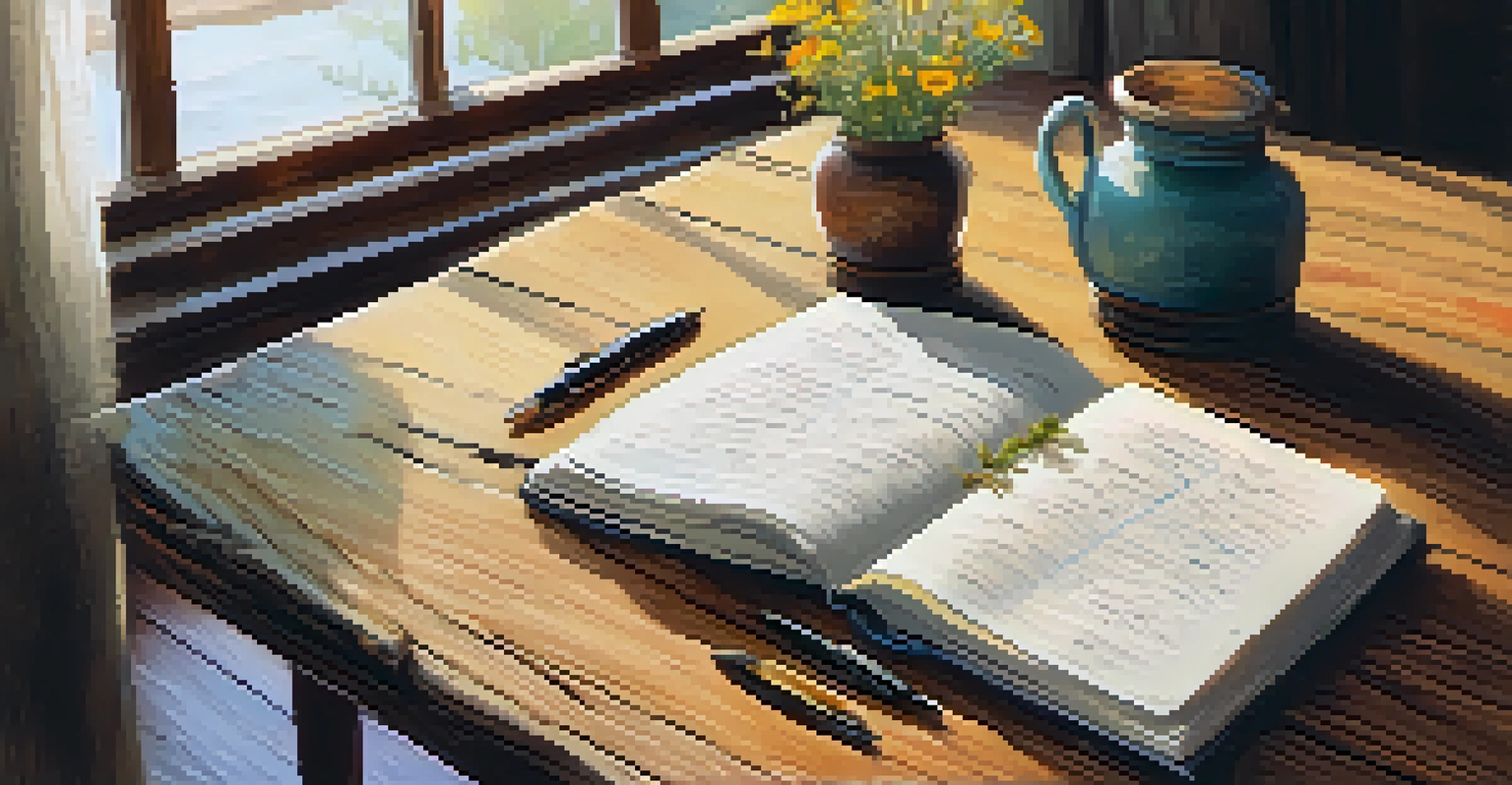 An open gratitude journal on a wooden table with handwritten notes and a vase of wildflowers.