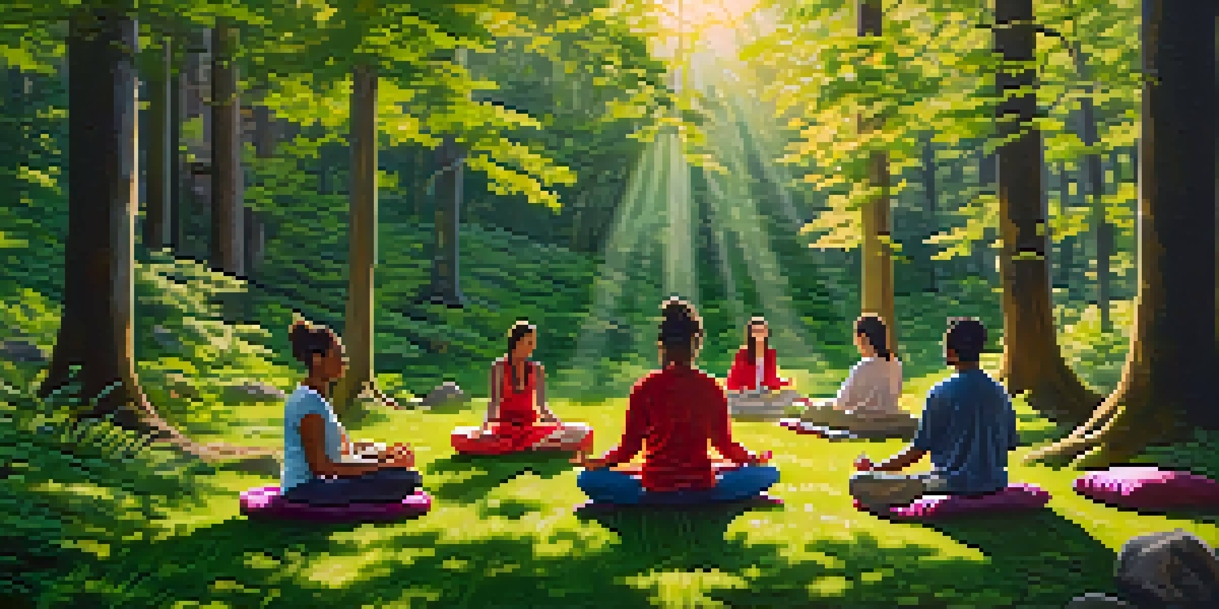 A diverse group of people meditating in a sunlit forest clearing, surrounded by nature.