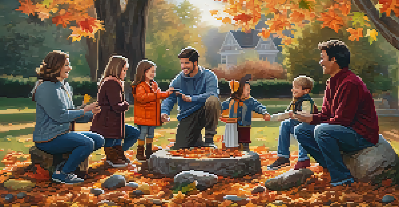 A family in a park celebrating the changing seasons with a small ritual, surrounded by colorful autumn leaves.