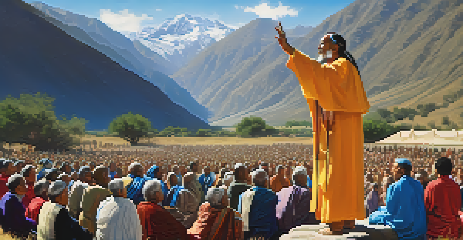 A spiritual leader addressing a mixed crowd in front of mountains, symbolizing compassion and hope.