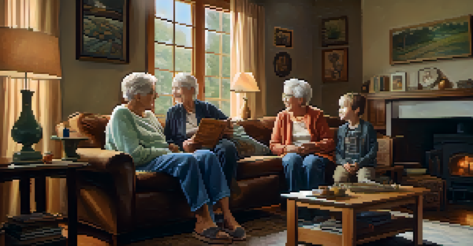 A grandparent sharing stories with grandchildren in a cozy living room, surrounded by cultural artifacts and warm lighting.