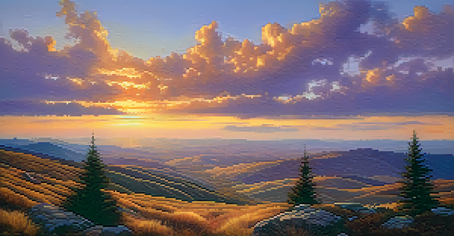 A stunning mountain summit view with rolling hills and valleys under a vibrant sunset sky, showcasing warm colors.