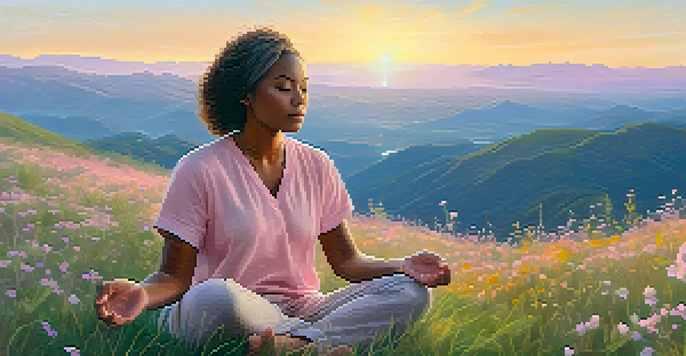 A person meditating on a grassy hilltop at sunrise, surrounded by wildflowers and mountains.