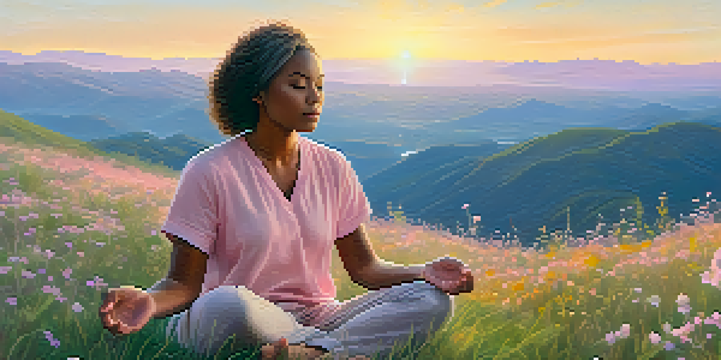 A person meditating on a grassy hilltop at sunrise, surrounded by wildflowers and mountains.