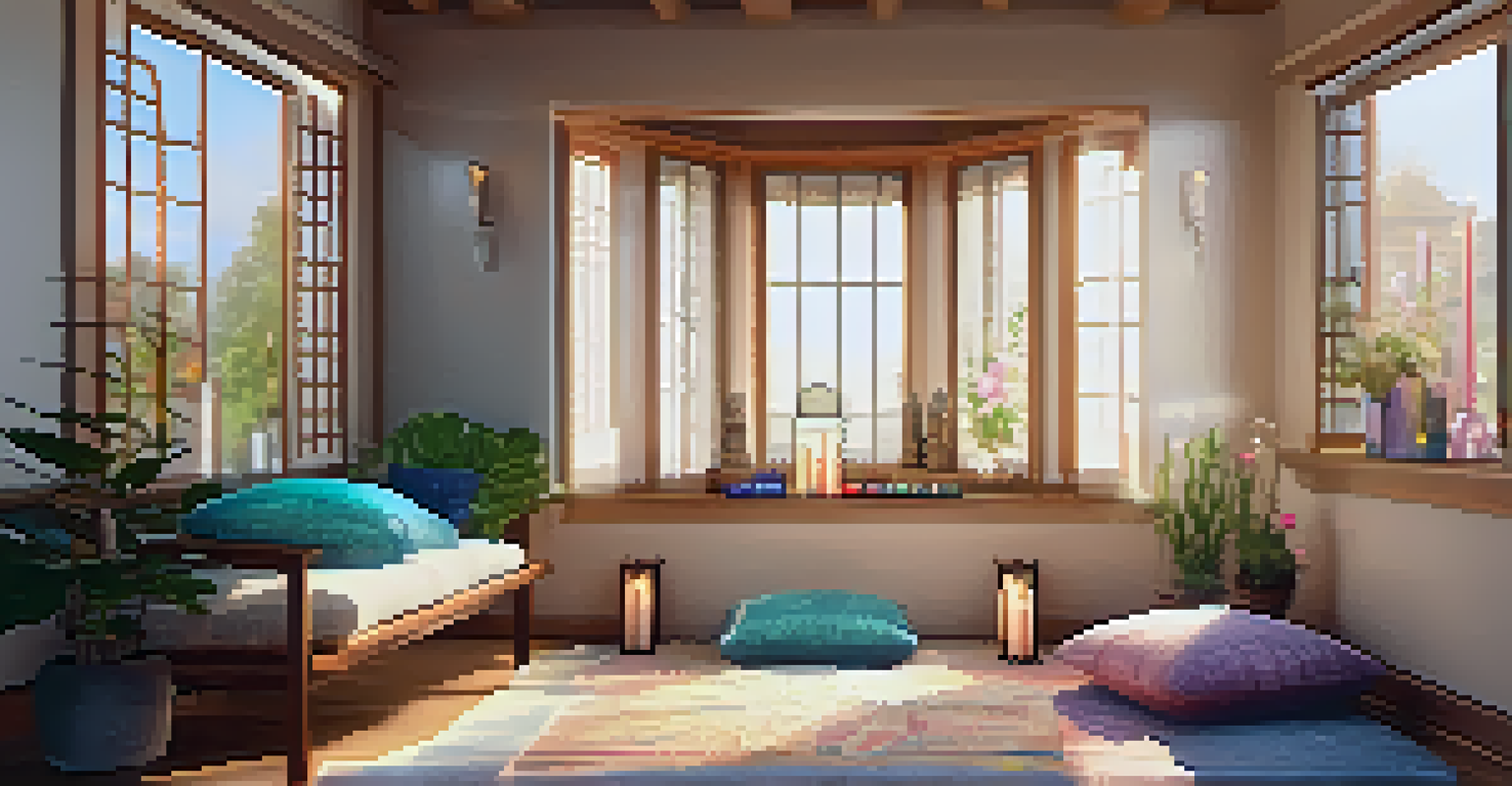A cozy meditation corner with a mat, cushions, and an altar with candles and crystals, illuminated by natural light.