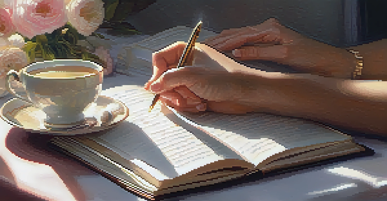 Close-up of hands holding a gratitude journal with handwritten notes, a blurred background of a table with tea and flowers.